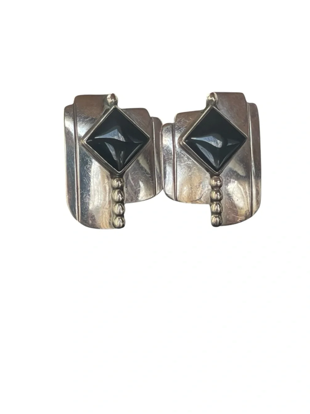 Modernist Sterling Silver Black Onyx Geometric Earrings Bold Statement